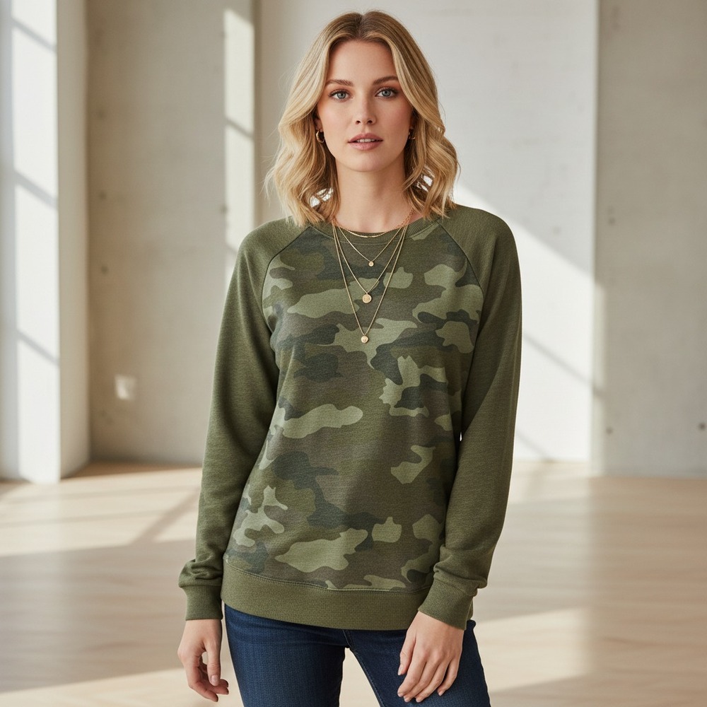 NEW Sonoma M Sweatshirt Womens Green Camo Casual Grunge Boho Military Athleisure